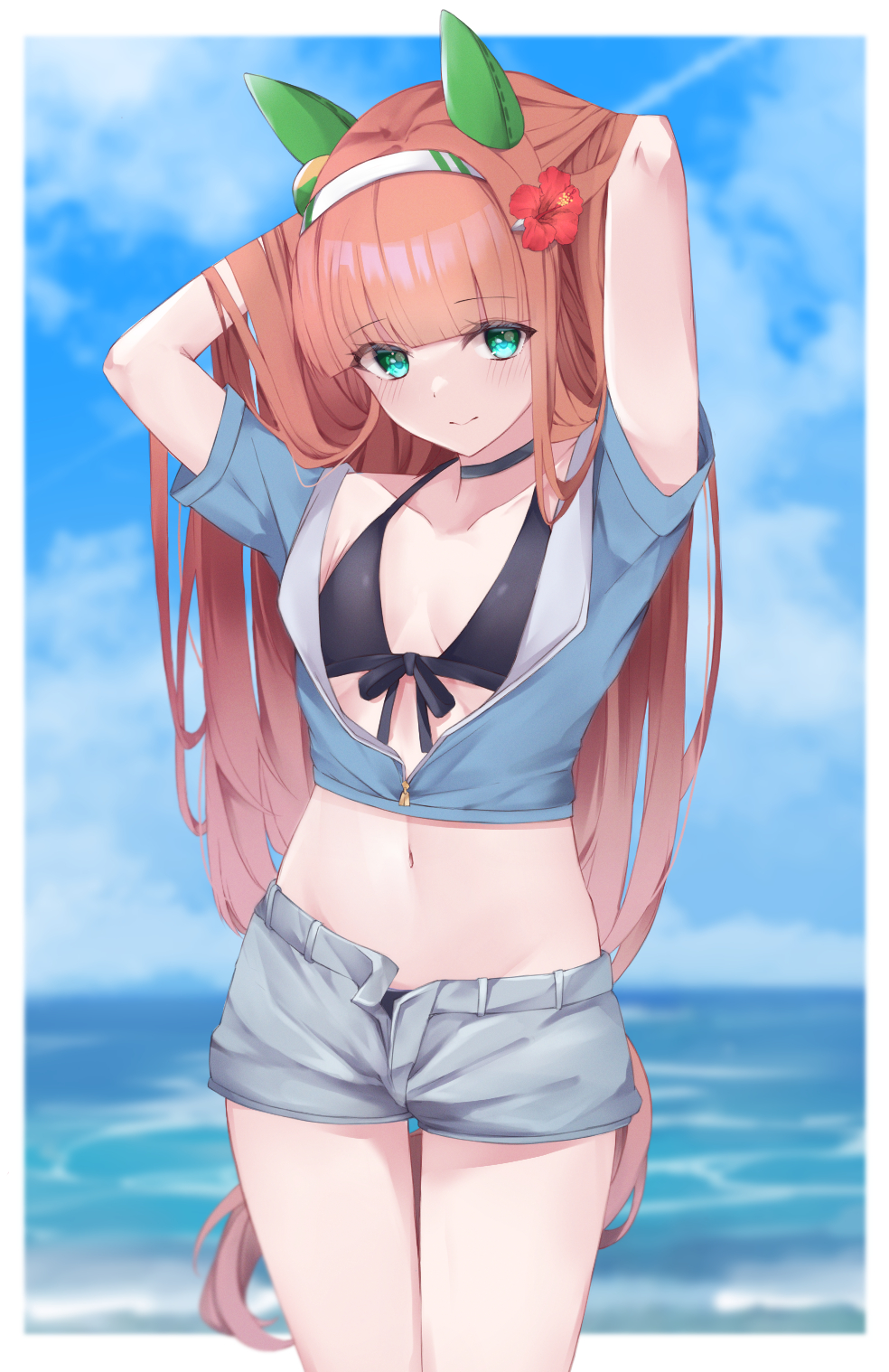 1girl, animal_ears, arms_up, bangs, bikini, bikini_under_clothes, black_bikini, blue_jacket