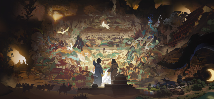 1boy, 1girl, absurdres, animal_costume, architecture, arm_up, bamboo_scroll, bear_costume