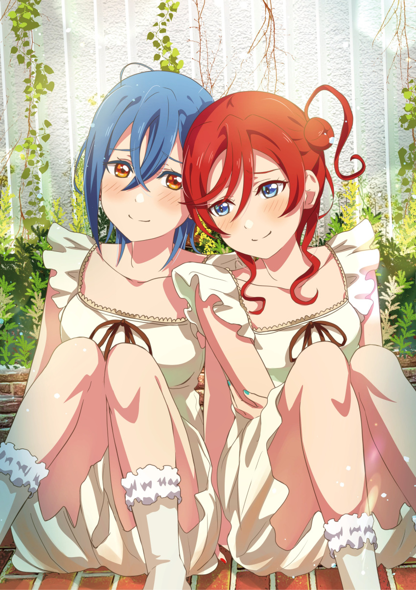 2girls, absurdres, al_aoi_aoba, black_ribbon, blue_eyes, blue_hair, blue_nails, blush