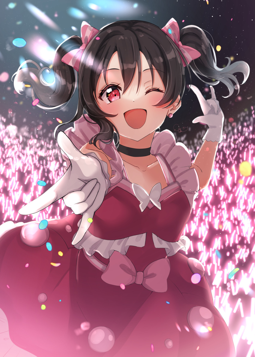 1girl, absurdres, black_hair, bow, butterfly_ornament, costume, crowd, dress, earrings, frilled_dress, frills, gloves, glowstick, hair_bow, highres, jewelry, looking_at_viewer, love_live!, nyako_(utaneko31), one_eye_closed, open_mouth, red_eyes, smile, solo, twintails, white_gloves, yazawa_nico