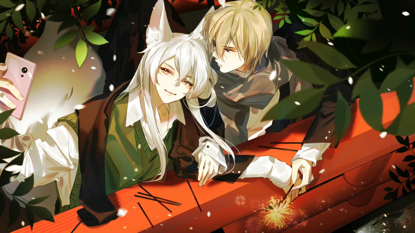 2boys, animal_ears, bangs, black_jacket, blonde_hair, blurry, branch, bridge