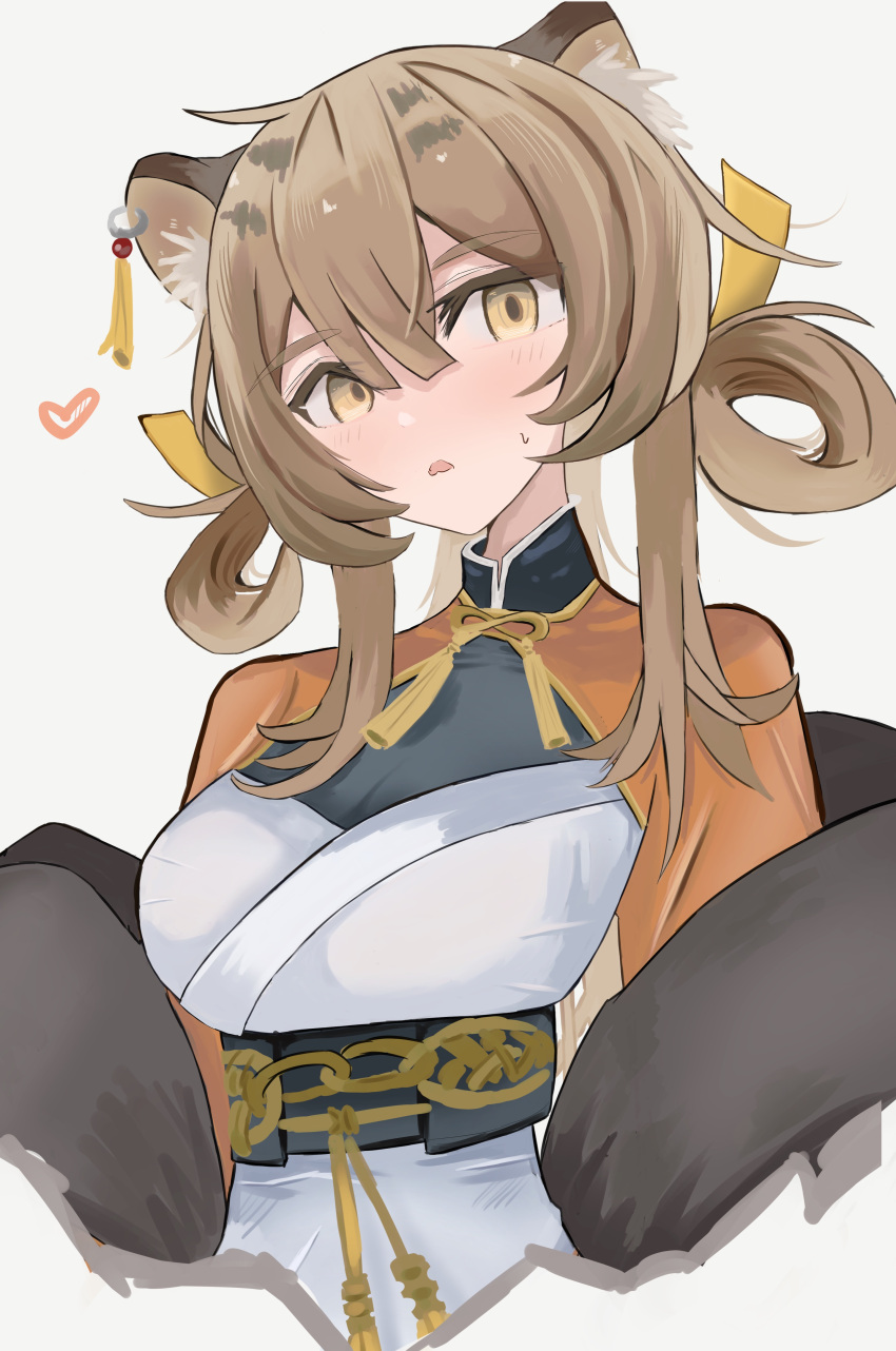 1girl, absurdres, animal_ears, arknights, blush, breasts, brown_hair, dress, du_yaoye_(arknights), feather_boa, hair_rings, heart, highres, long_hair, looking_at_viewer, nui_(nuinui0300), orange_dress, parted_lips, simple_background, small_breasts, solo, sweatdrop, tiger_ears, tiger_girl, two-tone_dress, upper_body, white_background, white_dress, yellow_eyes