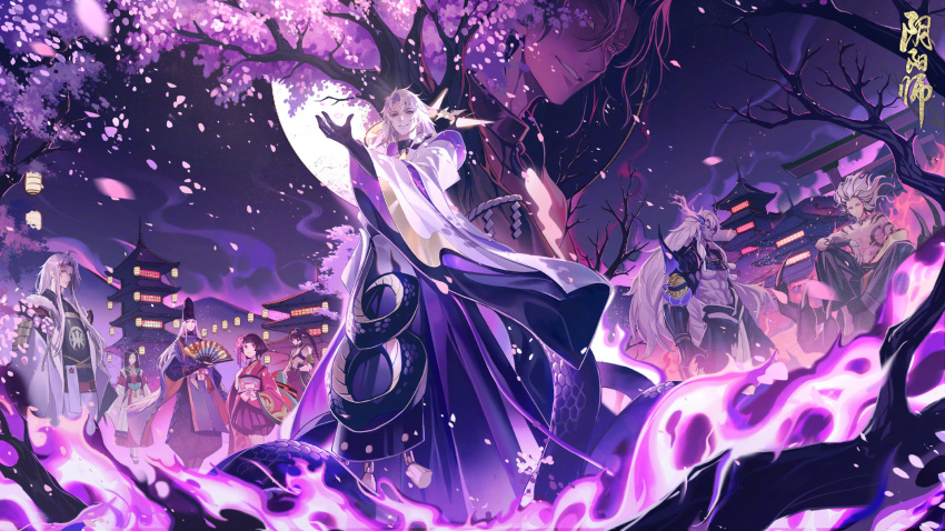 abe_no_seimei_(onmyoji), bishounen, cherry_blossoms, falling_petals, highres, ibaraki_douji_(onmyoji), japanese_clothes, kagura_(onmyoji)