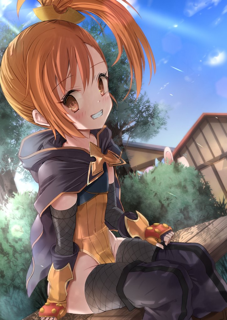 1girl, black_cape, black_gloves, black_thighhighs, brown_eyes, brown_hair, building, bush