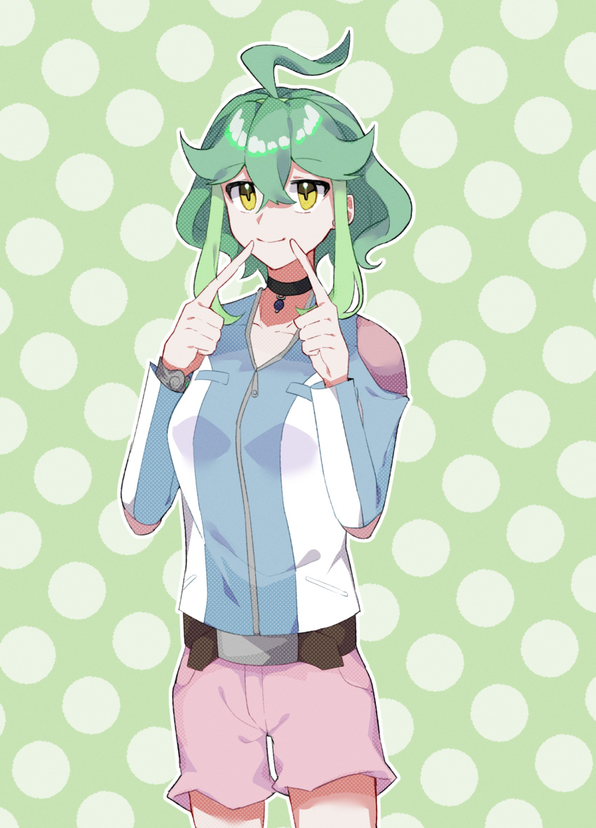 1girl, :d, bangs, belt, black_choker, blue_jacket, bracelet, brown_eyes, choker, collarbone, dated, green_hair, grey_background, hair_between_eyes, jacket, jewelry, long_sleeves, looking_at_viewer, medium_hair, momohunya_, multicolored_hair, open_mouth, pants, pendant, pink_pants, rin_(yu-gi-oh!), rin_(yuu-gi-ou_arc-v), shiny, shiny_hair, sidelocks, signature, smile, solo, standing, two-tone_hair, yu-gi-oh!, yu-gi-oh!_arc-v, yuu-gi-ou, yuu-gi-ou_arc-v