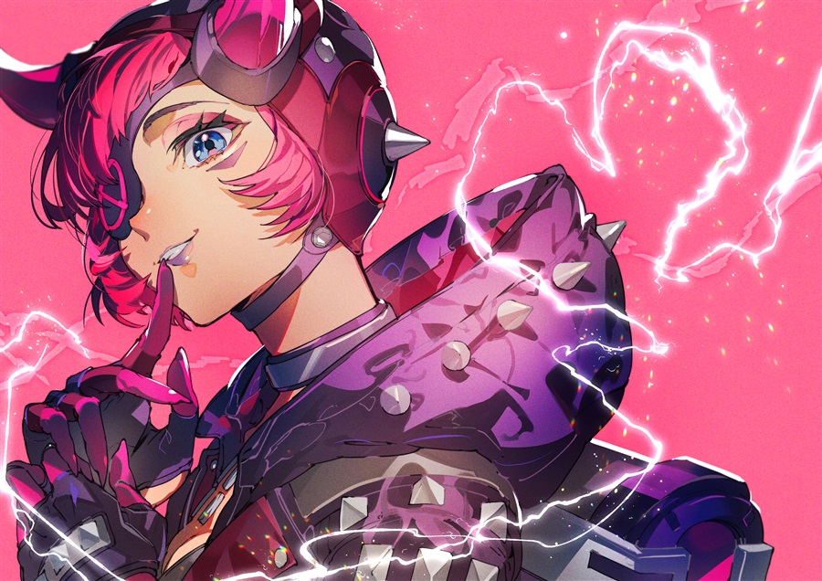 1girl, apex_legends, black_gloves, black_headwear, black_jacket, blue_eyes, cyber_punked_wattson, electricity