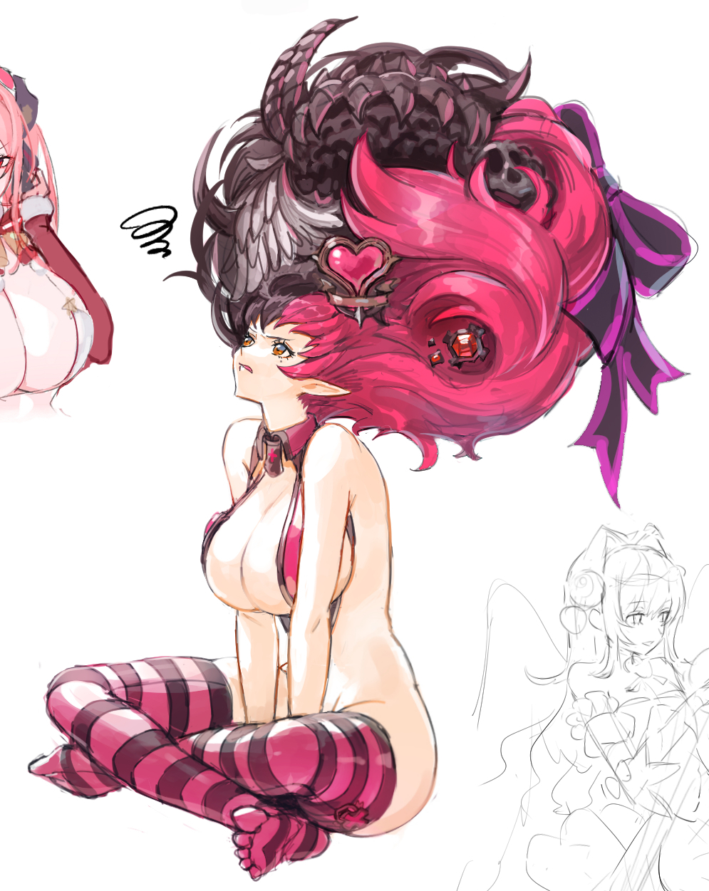 3girls, absurdly_long_hair, arms_between_legs, black_bow, black_hair, bow, breasts, character_request