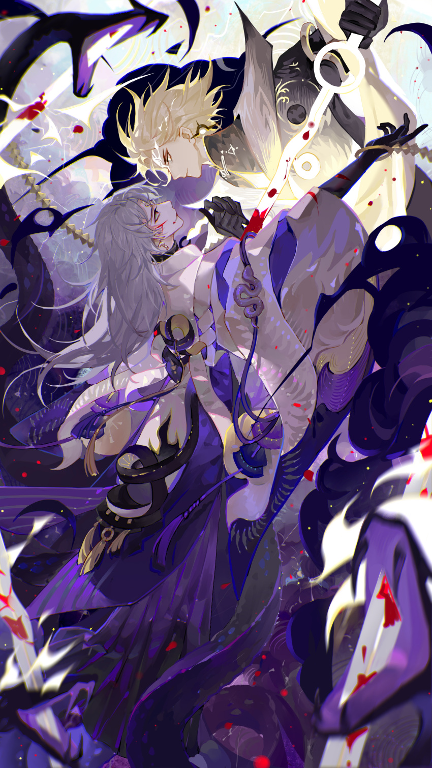 2boys, absurdres, bishounen, black_gloves, blonde_hair, blood, blood_on_face, cowboy_shot