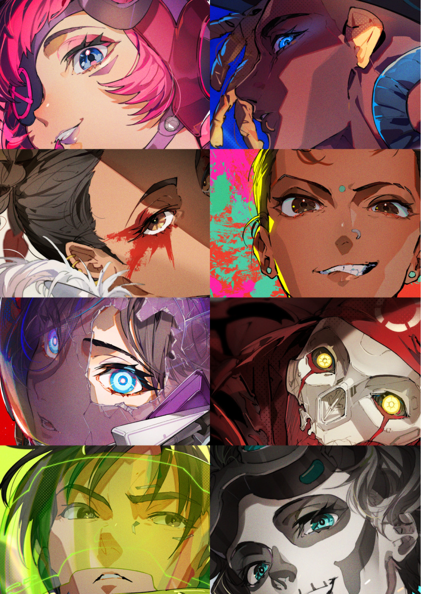 3boys, 5girls, apex_legends, bandana, black_hair, blue_eyes, braid, broken_helmet, brown_eyes, comiket_100, crypto_(apex_legends), cyber_punked_wattson, dark-skinned_female, dark-skinned_male, dark_skin, eye_focus, eyepatch, eyeshadow, facepaint, facial_mark, floating_hair, forehead_mark, glowing, glowing_eye, glowing_eyes, goggles, goggles_on_head, hair_behind_ear, highres, horizon_(apex_legends), humanoid_robot, inverse_polarity_horizon, loba_(apex_legends), makeup, mika_pikazo, multiple_boys, multiple_girls, official_alternate_costume, one_eye_covered, orange_eyes, parted_lips, purple_lips, rampart_(apex_legends), red_bandana, red_eyeshadow, red_scarf, revenant_(apex_legends), scarf, seer_(apex_legends), simulacrum_(titanfall), smirk, twin_braids, voidwalker_wraith, wattson_(apex_legends), wraith_(apex_legends)