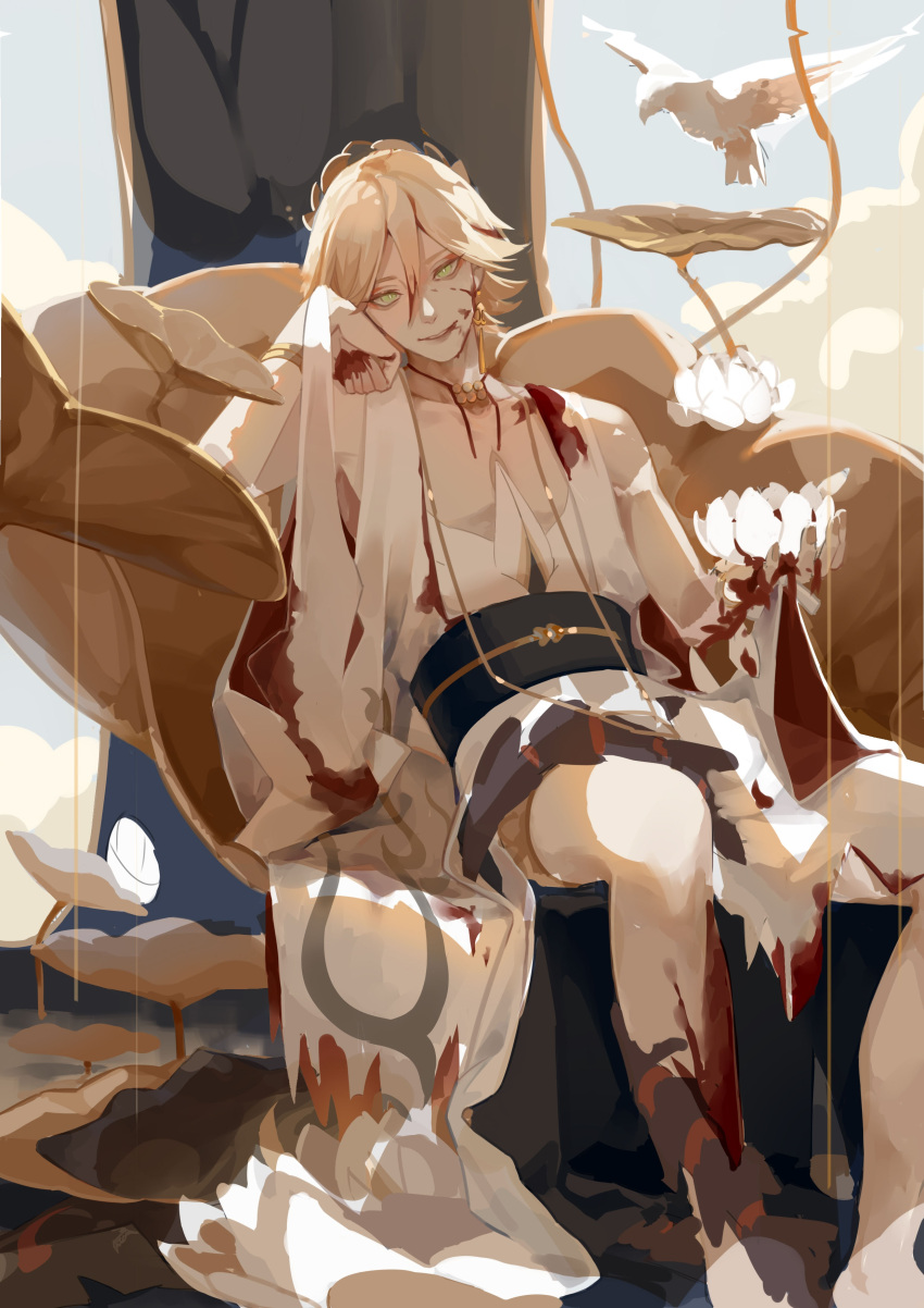1boy, absurdres, arm_support, arm_up, bare_pectorals, bishounen, blonde_hair, blood