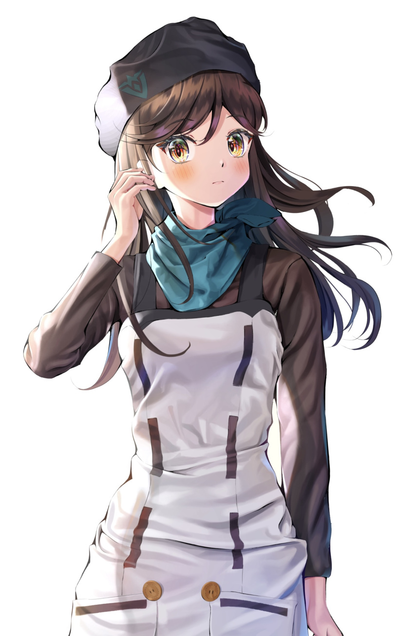 1girl, arm_at_side, beret, black_headwear, brown_eyes, brown_hair, brown_shirt, hand_up