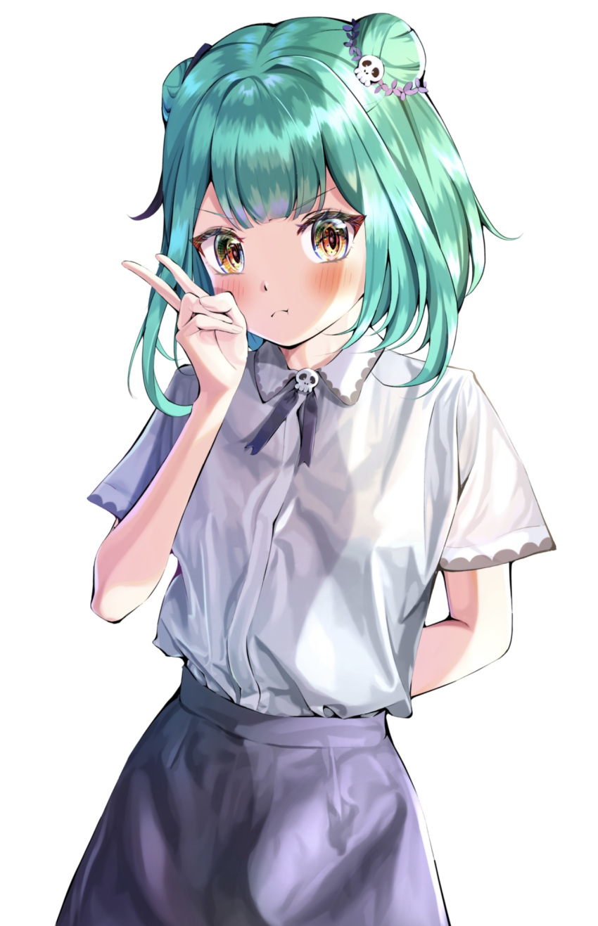 1girl, arm_behind_back, bangs, black_skirt, blush, brown_eyes, double_bun, frown