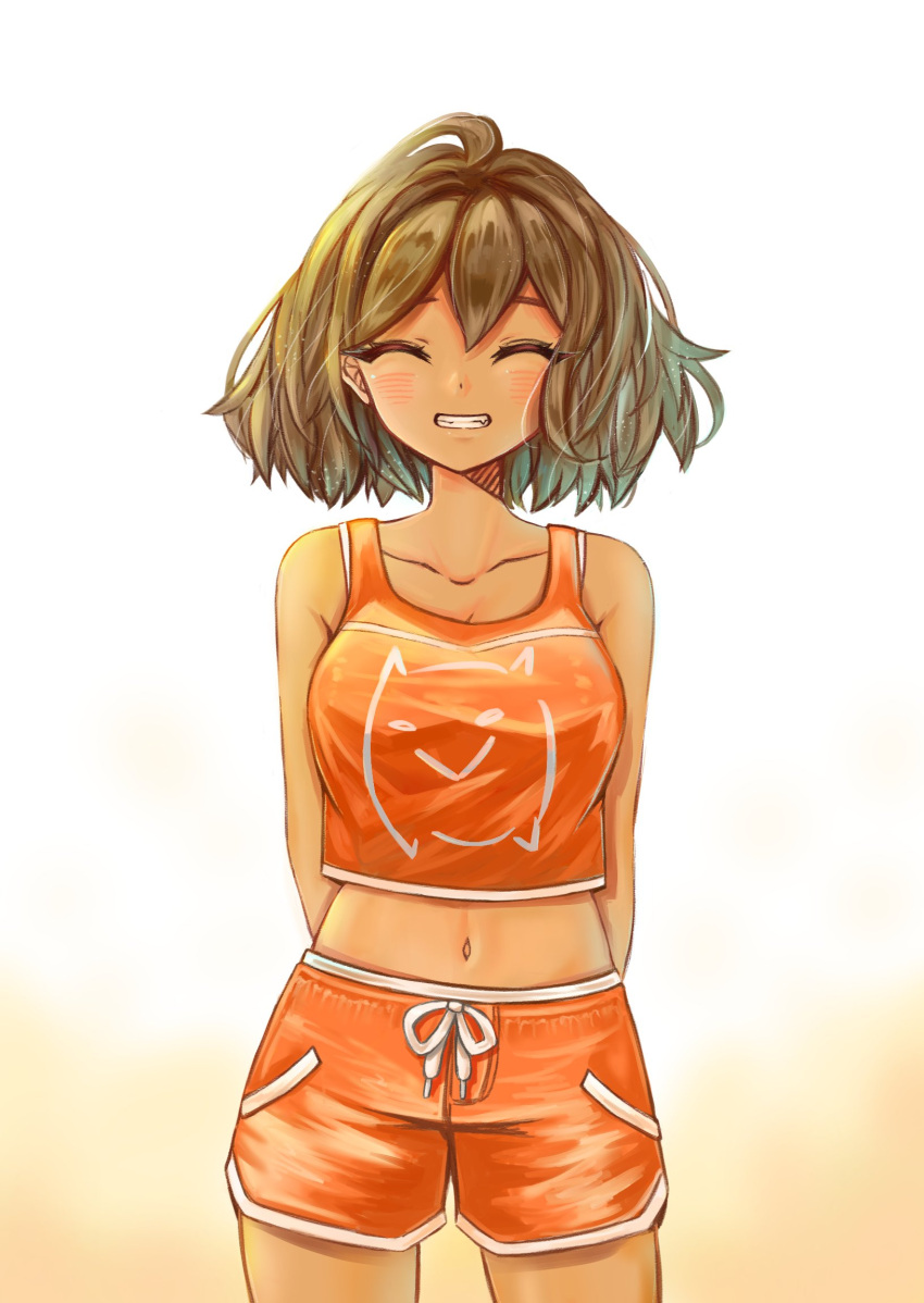 1girl, arms_behind_back, breasts, brown_hair, closed_eyes, collarbone, crop_top, dark-skinned_female