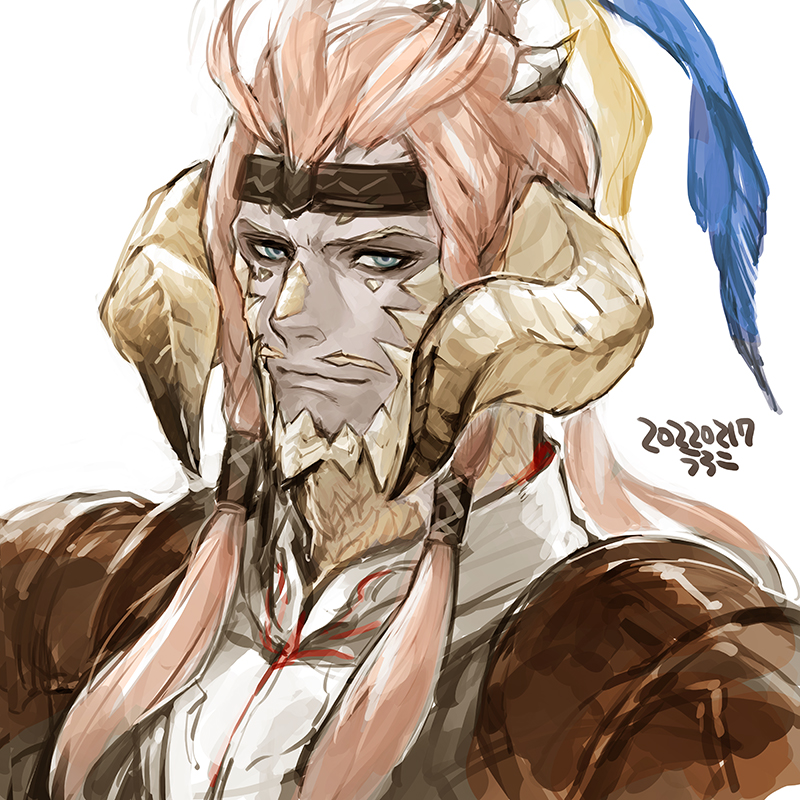 1boy, ahewann, armor, artist_name, au_ra, blue_eyes, braid, brown_headband, close-up, commentary, dated, dragon_horns, feather_hair_ornament, feathers, final_fantasy, final_fantasy_xiv, hair_ornament, hair_tubes, headband, high_ponytail, horns, long_hair, looking_at_viewer, male_focus, multiple_horns, pauldrons, pink_hair, portrait, scales, shoulder_armor, side_braids, sidelocks, signature, simple_background, smile, solo, twin_braids, uroko_(mnr), white_background