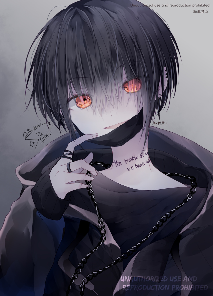 1boy, absurdres, black_hair, black_theme, chain_necklace, cross, cross_earrings, ear_piercing