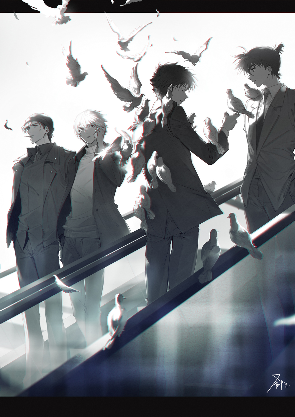 4boys, akai_shuuichi, amuro_tooru, animal, animal_on_shoulder, bird, bird_on_back, bird_on_hand
