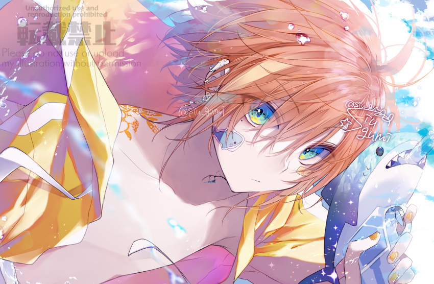 1boy, artist_name, blue_eyes, closed_mouth, ear_piercing, earrings, highres, jewelry