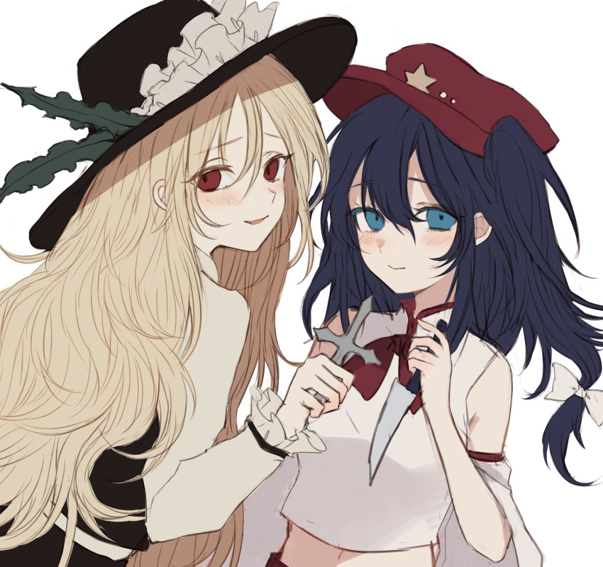 2girls, absurdres, blonde_hair, blue_eyes, blue_hair, blush, brown_headwear, brown_skirt, brown_vest, cabbie_hat, closed_mouth, cross, detached_sleeves, flat_cap, frilled_hat, frills, hat, hat_feather, highres, holding, holding_cross, holding_knife, jacket_girl_(dipp), knife, label_girl_(dipp), long_hair, long_sleeves, mandarin_collar, medium_hair, midriff, minamy_0606, multiple_girls, navel, red_eyes, red_headwear, red_ribbon, red_skirt, ribbon, side_ponytail, simple_background, skirt, touhou, vest, white_background, white_vest, wide_sleeves