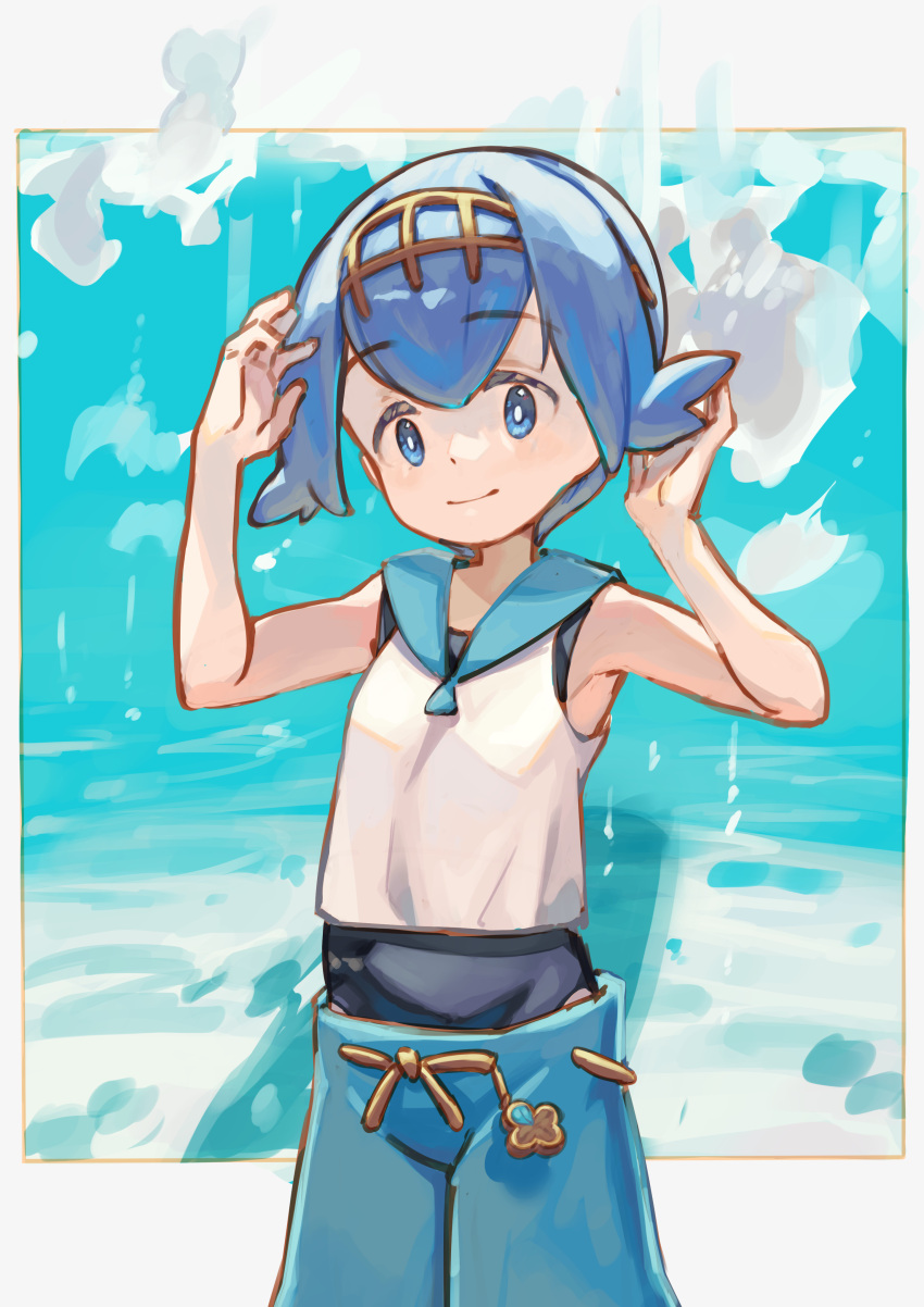 1girl, absurdres, adjusting_hair, arms_up, bangs, black_swimsuit, blue_background, blue_hair
