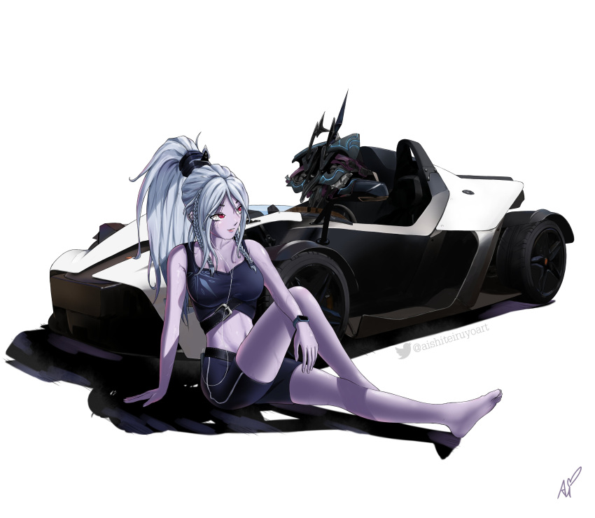 absurdres, aishiteiruyo, belt, belt_buckle, bike_shorts, braid, buckle, cellphone