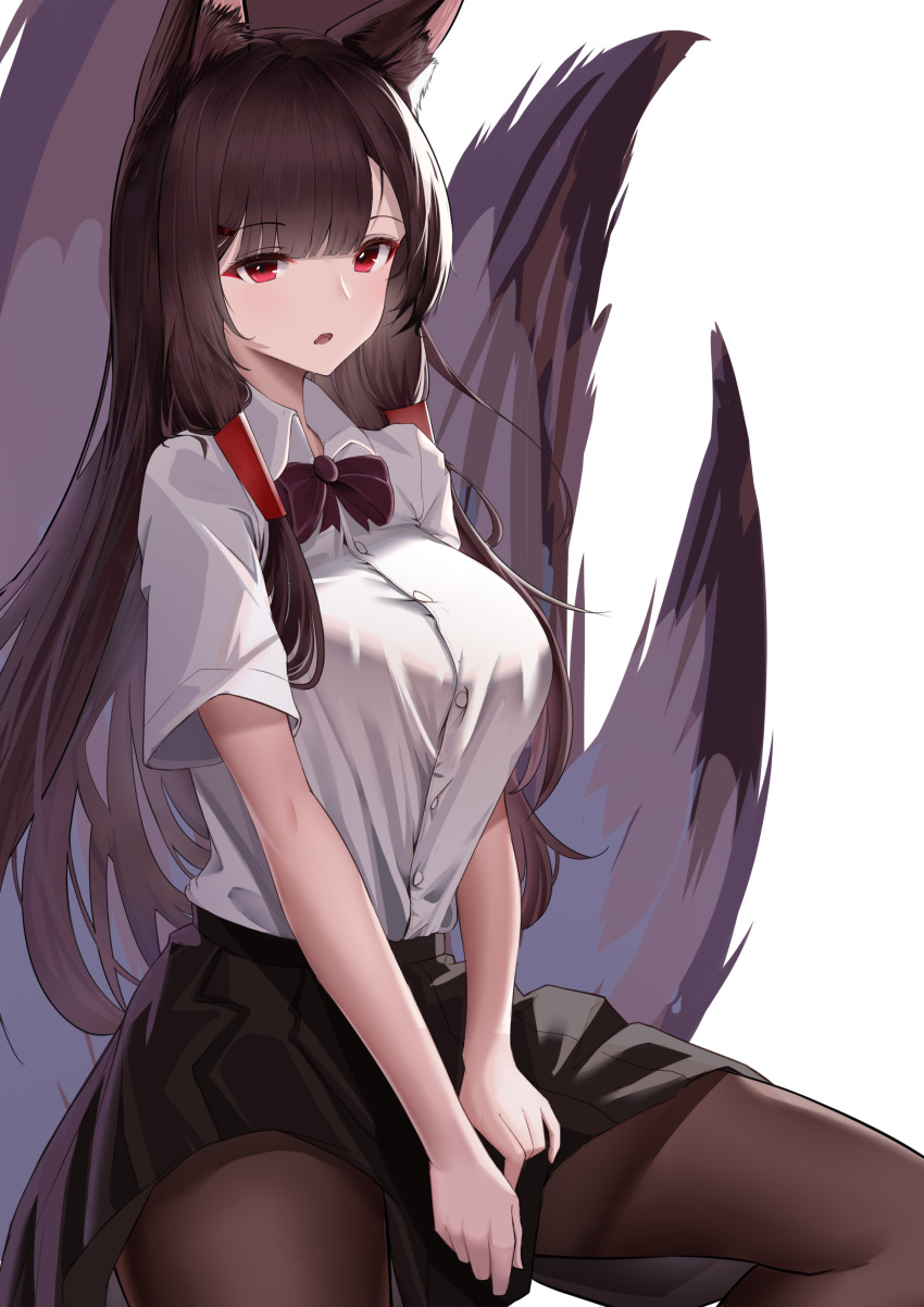 1girl, absurdres, akagi_(azur_lane), animal_ears, azur_lane, black_skirt, bow, breasts, brown_bow, brown_hair, brown_pantyhose, brown_tail, highres, kitsune, large_breasts, long_hair, looking_at_viewer, miniskirt, multiple_tails, pantyhose, pleated_skirt, red_eyes, shirt, short_sleeves, skirt, solo, tail, v_arms, white_shirt, xianggu_wu_yan