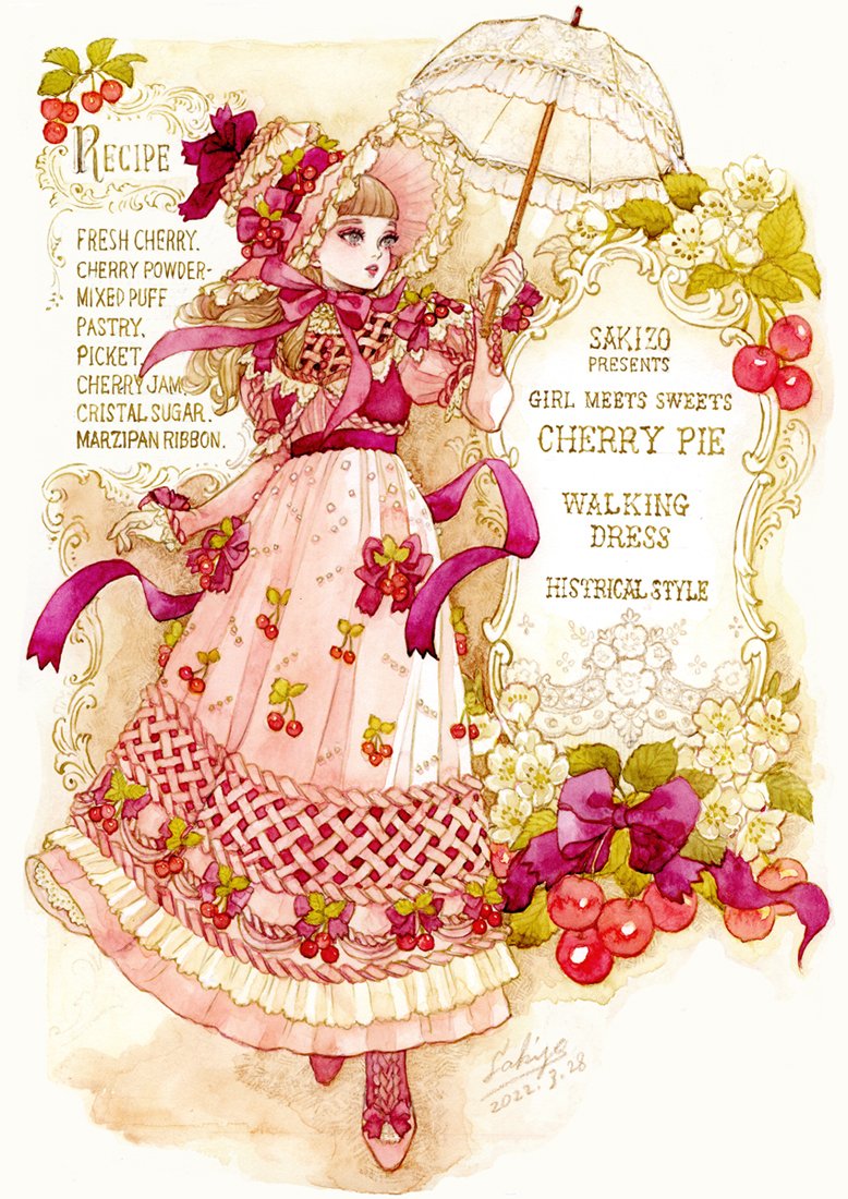 1girl, bangs, blonde_hair, blunt_bangs, bonnet, boots, bow, cherry