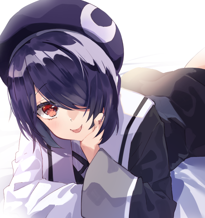 1girl, aogiri_koukou_game_club, bangs, bed_sheet, black_dress, black_headwear, dress, hair_over_one_eye