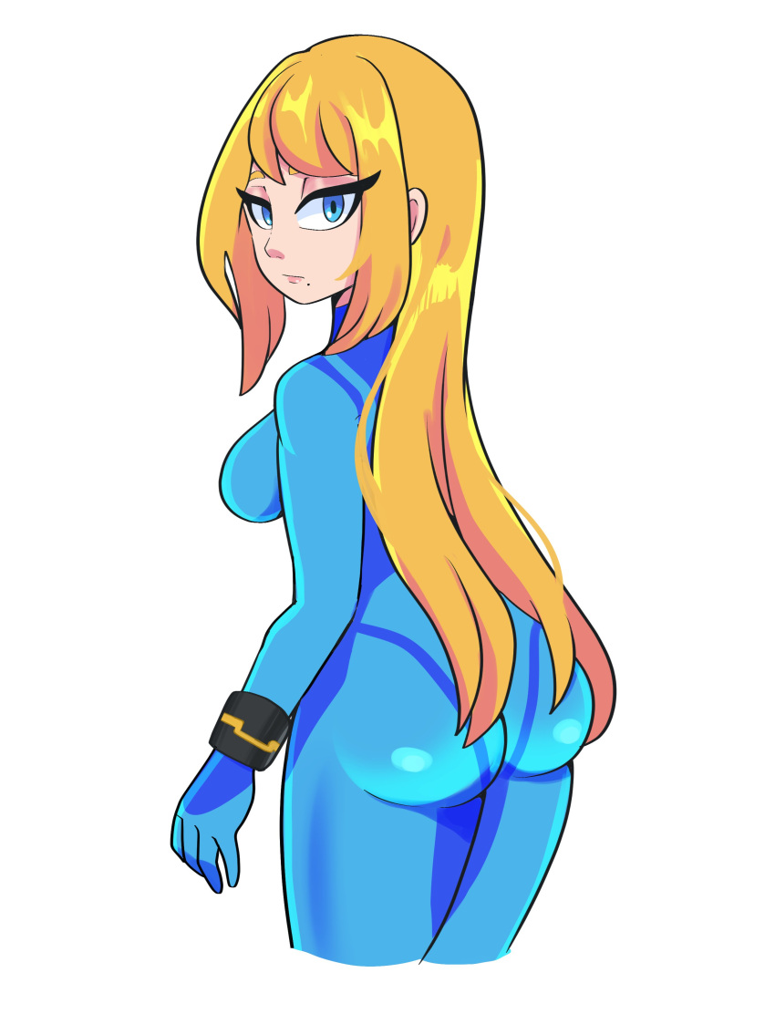 1girl, absurdres, ass, bbycheese, blonde_hair, blue_eyes, bracelet, breasts