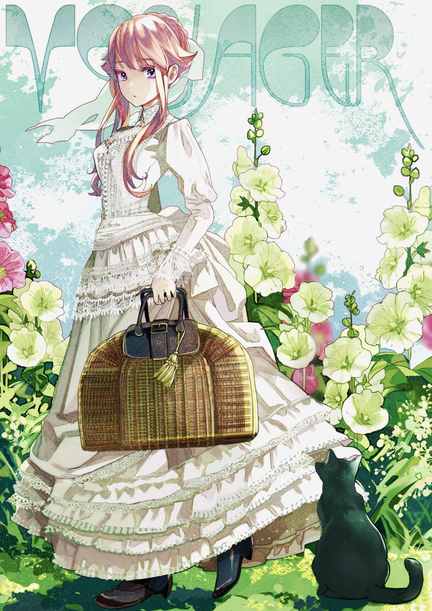 1girl, absurdres, bag, bangs, black_cat, black_footwear, blonde_hair, bow