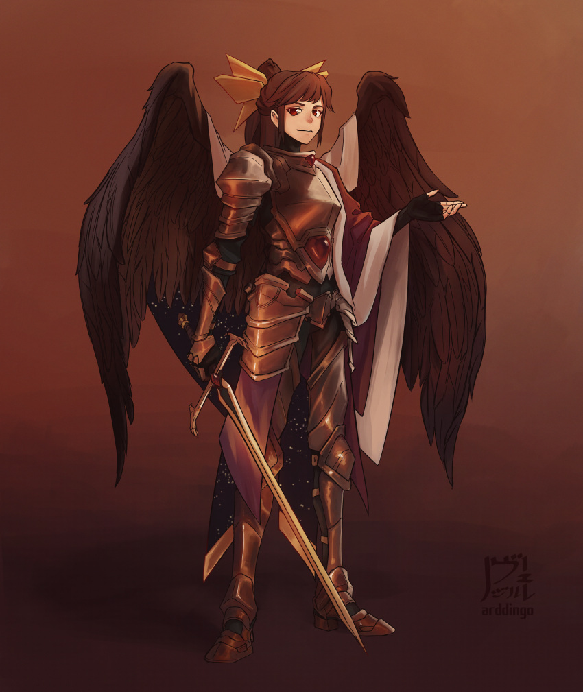 1girl, absurdres, alternate_costume, arddingo, armor, armored_boots, bangs, bird_wings, black_gloves, black_wings, boots, bow, breastplate, brown_background, brown_hair, cape, commentary, english_commentary, fingerless_gloves, full_body, gauntlets, gloves, hair_bow, highres, holding, holding_sword, holding_weapon, knight, leg_armor, long_hair, looking_at_viewer, parted_lips, pauldrons, ponytail, red_eyes, reiuji_utsuho, shoulder_armor, signature, smile, solo, standing, starry_sky_print, sword, touhou, touhou_lost_word, weapon, white_cape, wings, yellow_bow