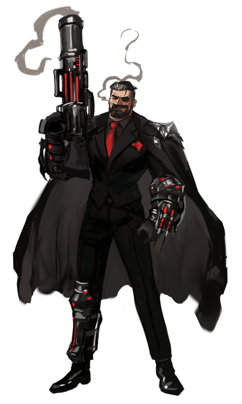 1boy, absurdres, alternate_costume, armor, beard, cigarette, clenched_hand, coat