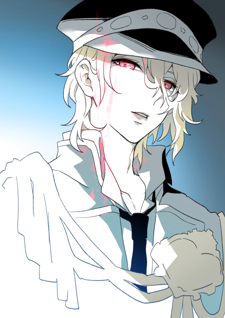 1boy, black_headwear, black_necktie, gradient, gradient_background, guiltia_brion, hair_between_eyes, hat