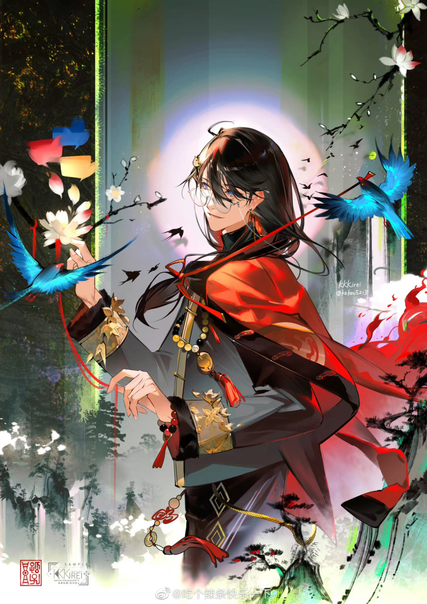 1boy, ahoge, bird, bishounen, black_bird, black_hair, blue_bird, blue_eyes