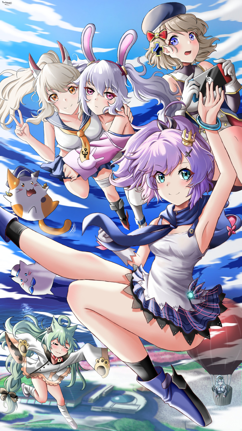 6+girls, absurdres, ahoge, akashi_(azur_lane), animal_ears, aqua_eyes, arm_up, artist_name, ayanami_(azur_lane), azur_lane, bangs, blonde_hair, blue_eyes, blue_scarf, blue_skirt, blue_sky, blush, bow, buko_(bukosuki), closed_eyes, closed_mouth, controller, enterprise_(azur_lane), flying, full_body, game_controller, gloves, green_hair, grey_hair, hair_bow, hair_ornament, hairclip, hand_on_another's_shoulder, hand_up, hat, highres, holding, holding_controller, holding_game_controller, javelin_(azur_lane), laffey_(azur_lane), long_hair, looking_at_viewer, mechanical_ears, medium_hair, meowfficer_(azur_lane), multiple_girls, necktie, open_mouth, orange_eyes, peaked_cap, plaid, plaid_skirt, ponytail, purple_hair, rabbit_ears, scarf, shirt, short_hair, skirt, sky, smile, twintails, v, violet_eyes, white_gloves, white_hair, white_shirt, yellow_necktie, z23_(azur_lane)