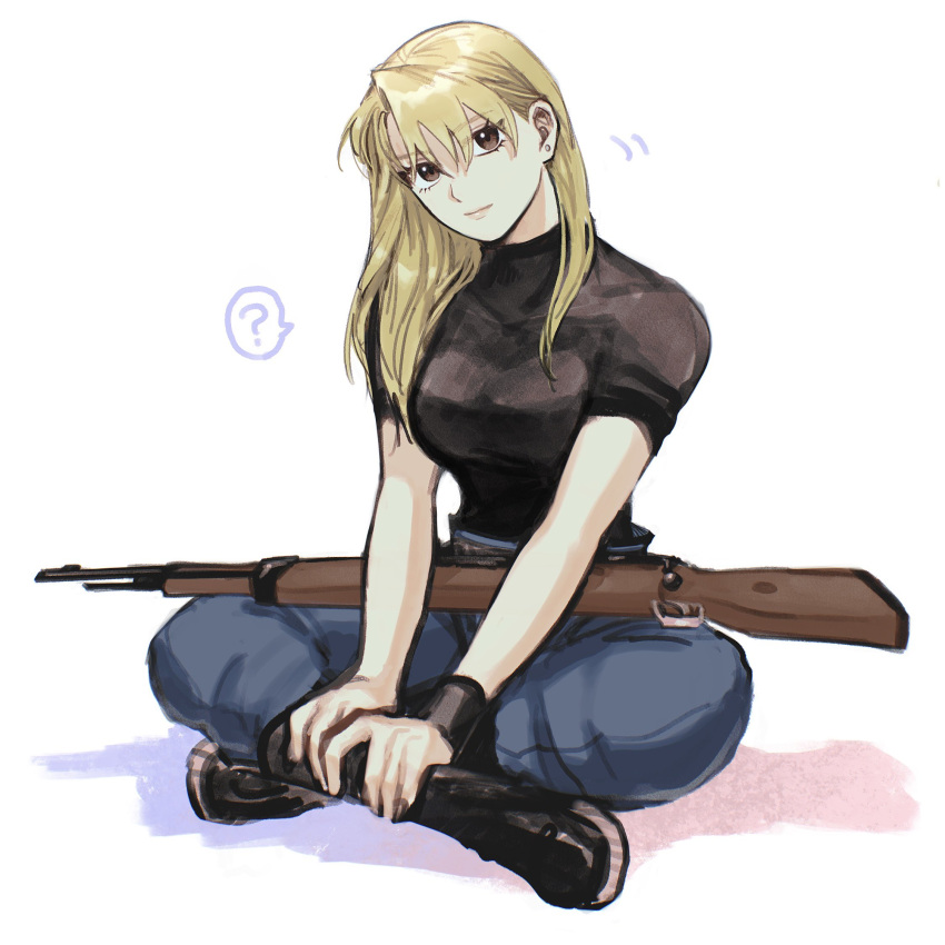 1girl, ?, black_footwear, black_shirt, blonde_hair, blue_pants, breasts, brown_eyes