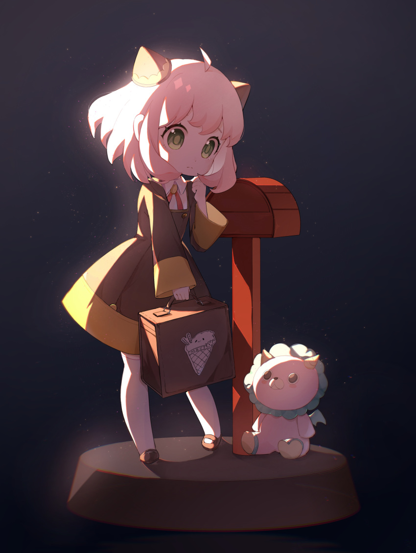 1girl, absurdres, ahoge, anya_(spy_x_family), backlighting, black_background, black_dress, black_footwear, child, chinese_commentary, closed_mouth, collared_shirt, curled_fingers, director_chimera_(spy_x_family), dress, eden_academy_uniform, expressionless, full_body, green_eyes, hairpods, hand_up, highres, holding, ice_cream_print, iuinm, legs_apart, light_particles, long_sleeves, lunchbox, mailbox_(incoming_mail), mary_janes, medium_hair, pink_hair, shadow, shirt, shoes, sidelocks, simple_background, socks, solo, split_mouth, spy_x_family, standing, stuffed_animal, stuffed_toy, white_shirt, white_socks, wide_sleeves