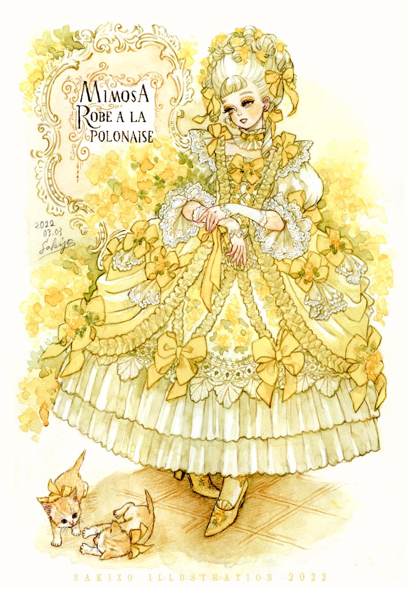 1girl, arm_warmers, bangs, blunt_bangs, bouquet, bow, cat, collar