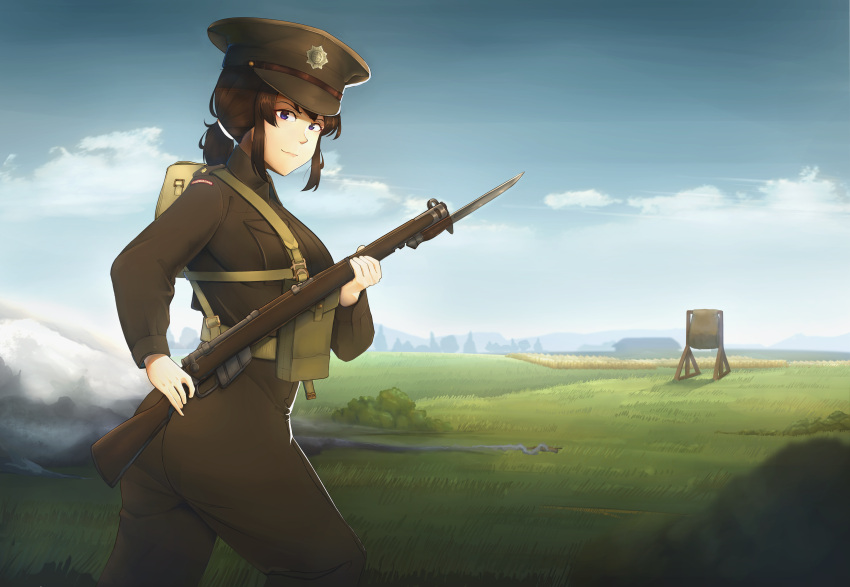 1girl, absurdres, backpack, bag, blue_eyes, british, british_army, brown_hair