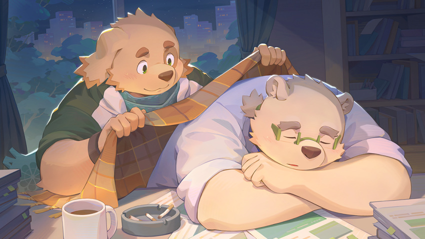 animal_ears, animal_nose, ashtray, bear_boy, bear_ears, blanket, blush, brown_fur