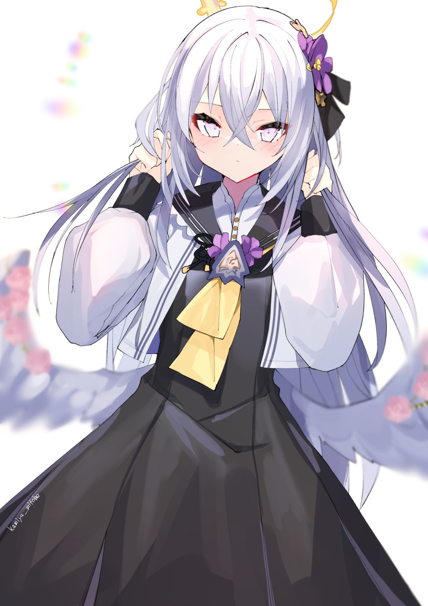 1girl, absurdres, angel_wings, azusa_(blue_archive), bangs, black_dress, black_sailor_collar, blue_archive