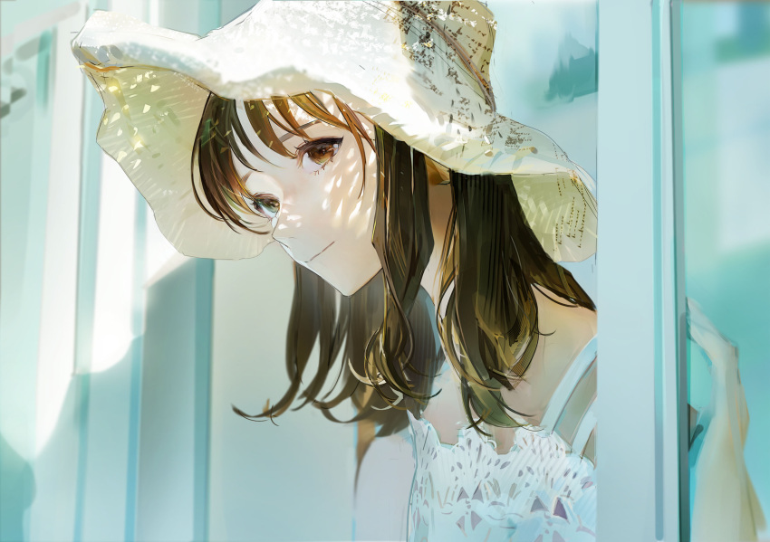 1girl, bangs, brown_eyes, brown_hair, closed_mouth, dress, et_atr3, hand_up