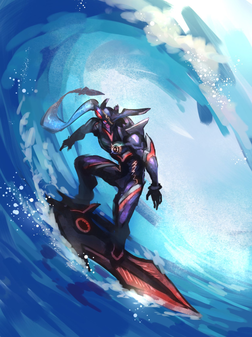 highres, horns, mutomorokoshi, no_humans, ocean, ouroboros_(xenoblade), single_horn, surfing