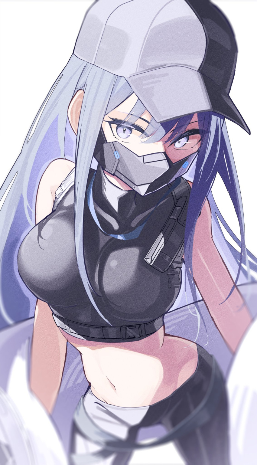 1girl, baseball_cap, black_mask, black_pants, black_shirt, blue_archive, blue_eyes, blue_hair, breasts, chest_harness, harness, hat, highres, jacket, jacket_removed, long_hair, looking_at_viewer, mask, medium_breasts, midriff, mouth_mask, navel, pants, saori_(blue_archive), shirt, sleeveless, sleeveless_shirt, solo, tatara_(alnath_may), white_jacket