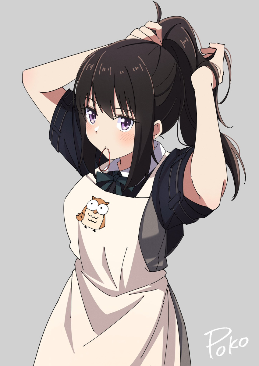 1girl, apron, bird, black_hair, collared_shirt, commentary_request, green_ribbon, hair_tie_in_mouth