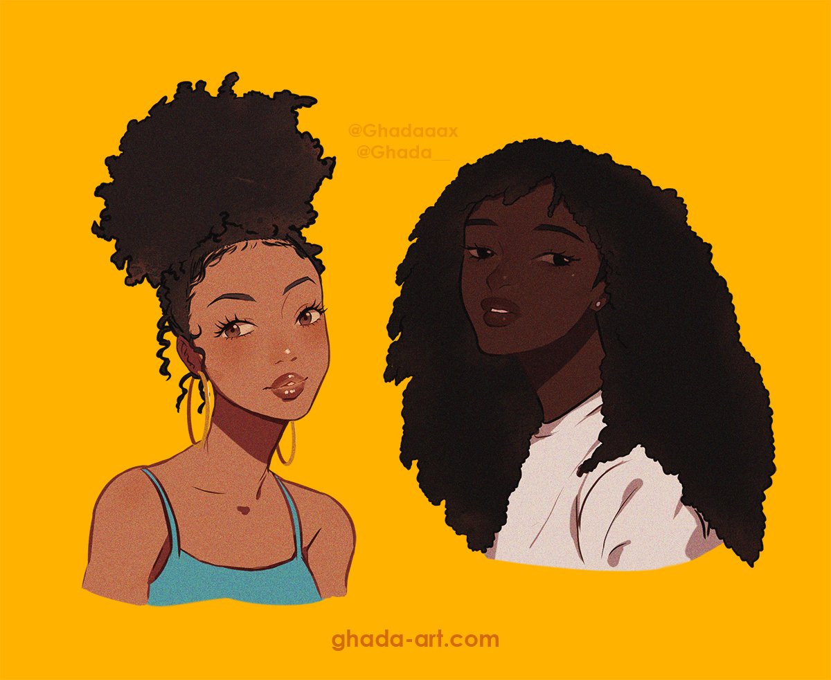 2girls, afro, artist_name, black_eyes, blue_camisole, brown_eyes, camisole, curly_hair