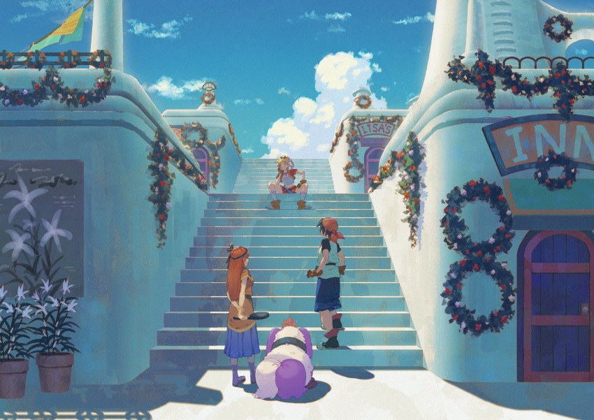 1boy, 1other, 2girls, architecture, armor, arms_behind_back, bandana, belt