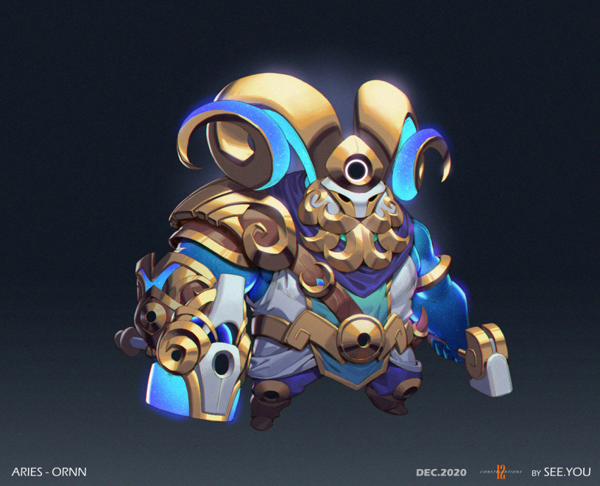 1boy, alternate_costume, aries, artist_name, belt, black_background, blue_skin, character_name, colored_skin, dual_wielding, facing_viewer, full_body, gauntlets, glowing, gradient, gradient_background, grey_background, grey_shirt, hammer, helmet, holding, holding_hammer, horns, league_of_legends, long_hair, ornn, see_you, shirt, shoulder_plates, single_gauntlet, single_shoulder_pad, solo, space_print, standing, starry_sky_print, two-sided_horns
