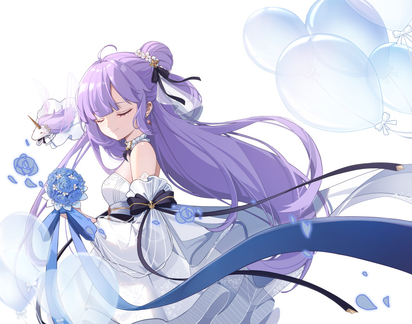 1girl, absurdres, azur_lane, blue_flower, blue_ribbon, bouquet, breasts, closed_eyes