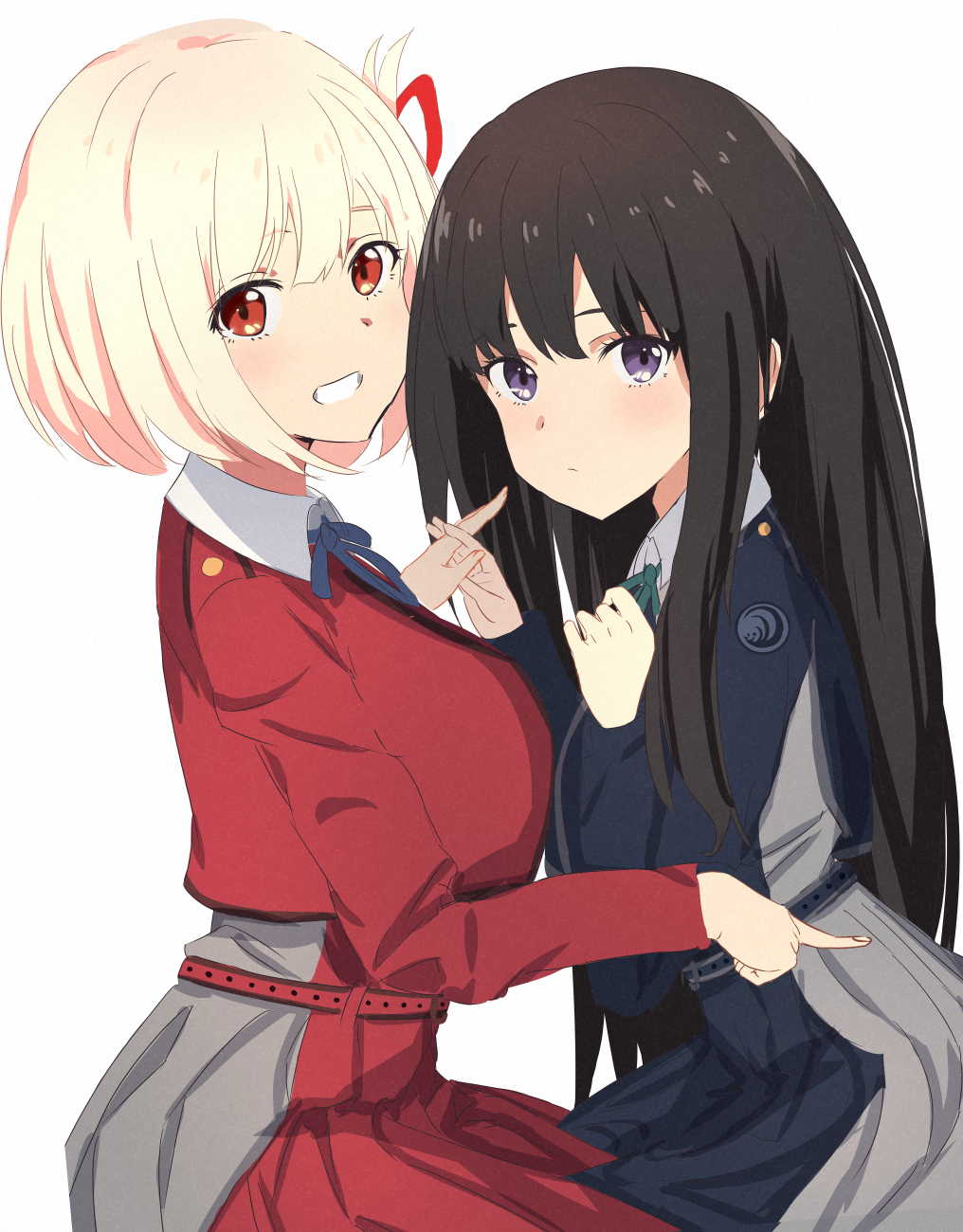 2girls, belt, black_hair, blonde_hair, blue_belt, blue_ribbon, blue_skirt, collared_shirt