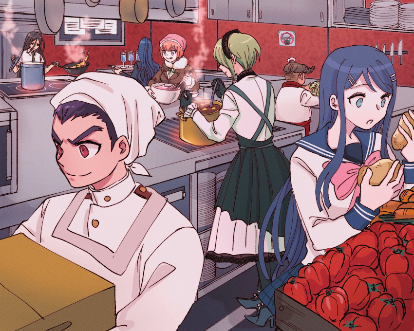3boys, 4girls, :o, :q, andou_ruruka, apron, bangs, black_dress, black_gloves, black_hair, blue_hair, blue_sailor_collar, bow, bowtie, brown_hair, brown_jacket, chef_hat, collared_shirt, cooking, danganronpa:_trigger_happy_havoc, danganronpa_(series), danganronpa_2:_goodbye_despair, danganronpa_3_(anime), danganronpa_v3:_killing_harmony, dress, drill_hair, food, frying_pan, fur_collar, gloves, green_necktie, grey_jacket, hair_ornament, hairclip, hanamura_teruteru, hat, highres, holding, holding_food, holding_frying_pan, holding_tray, hope's_peak_academy_school_uniform, ishimaru_kiyotaka, jacket, kamukura_izuru, kitchen, knife, komaeda_nagito, long_hair, long_sleeves, maid_headdress, maizono_sayaka, midori_(310ri_21), multiple_boys, multiple_girls, neck_ribbon, necktie, open_mouth, pink_bow, pink_bowtie, pink_headwear, plate, potato, red_apron, red_eyes, red_ribbon, red_scarf, ribbon, sailor_collar, scarf, school_uniform, shiny, shiny_hair, shirogane_tsumugi, shirt, short_hair, smile, tongue, tongue_out, toujou_kirumi, tray, white_shirt